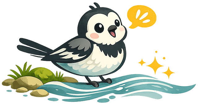 Plauderbächle Maskottchen – eine freundliche Bachstelze auf türkisfarbenen Wellen